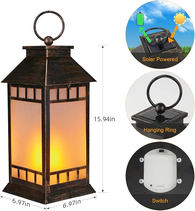 18'' Glass Solar Lantern Outdoor Waterproof, Large Hanging Solar Lanterns with Flickering Flame Lights, Metal Outdoor Lantern Decorative for Patio Garden Backyard Tabletop, Vintage Bronze