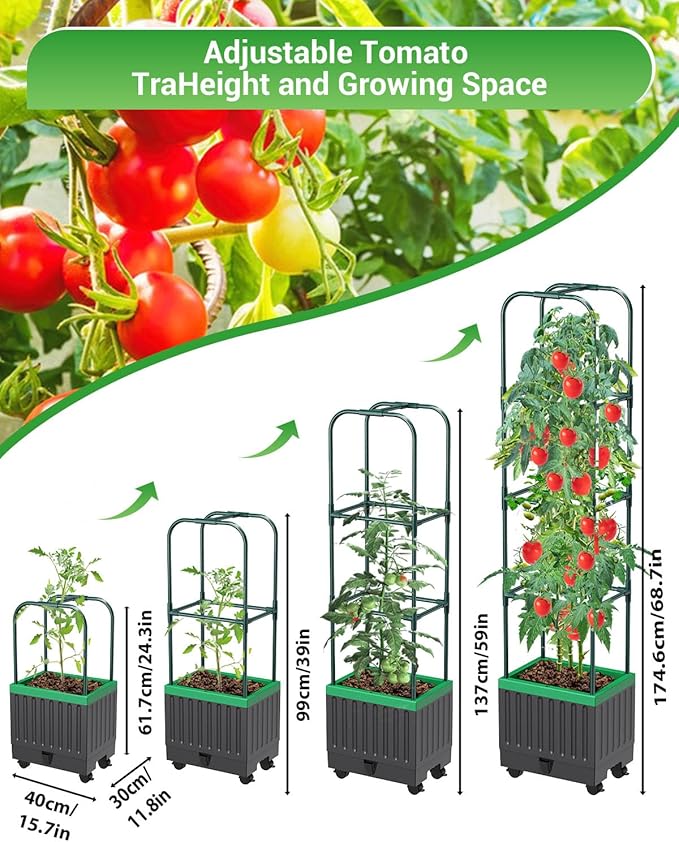 Tomato Planter Box with Trellis, 68.7" Tall Self Watering Tomato Cages for Climbing Vegetables Plant, Raised Garden Bed for Garden, Tomato Plant Support Pots for Patio Indoor Outdoor（68.7" ）