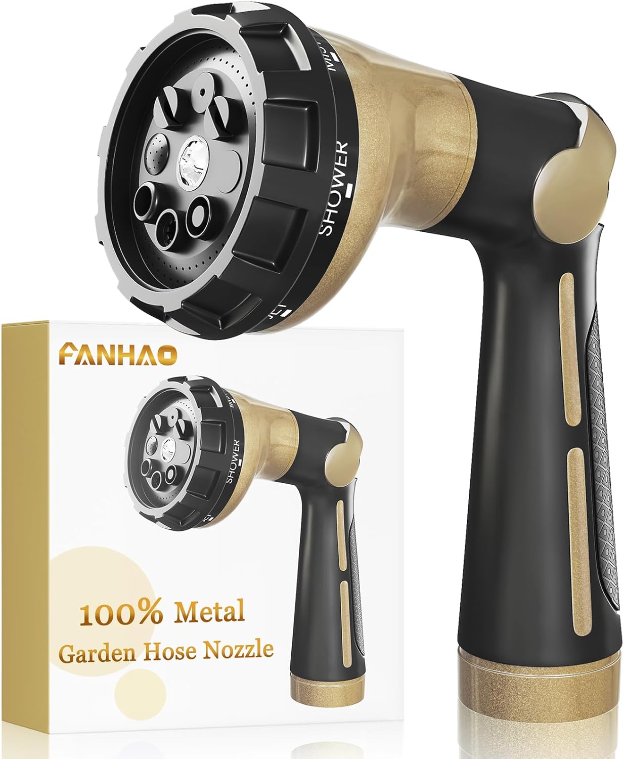 FANHAO Garden Hose Nozzle Heavy Duty, 100% Metal Water Hose Sprayer with 8 Spray Patterns, High Pressure Spray Nozzle Thumb Control On Off Valve for Lawn & Plant Watering, Car & Pet Washing - Khaki