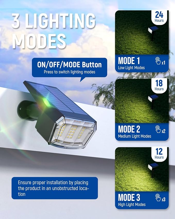 Solar Spot Lights Outdoor Waterproof 1 Pack IP65, 63 LED 3 Lighting Modes Spotlights for Outside Yard Garden House Garage Landscape Lights-Warm White