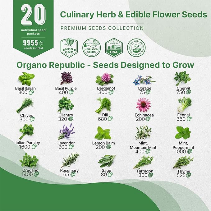 Organo Republic 20 Culinary Herbs & Edible Flower Seeds Variety Pack for Planting Indoor & Outdoor. 9500+ Non-GMO Heirloom Flower Garden Seeds: Basil, Borage, Echinacea, Lavender, Oregano & More