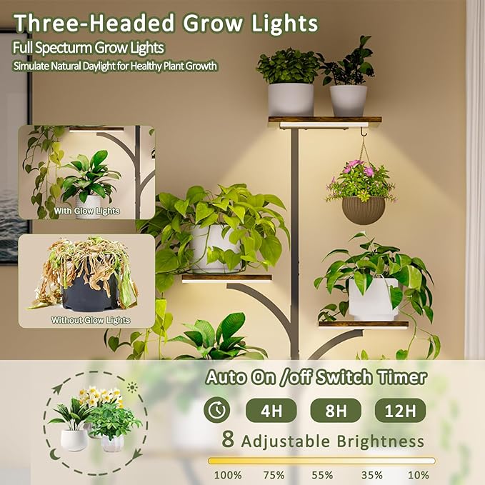 Plant Stand Indoor with Grow Lights, 60" Tall 7-Tier Metal Plant Stand with Wheels & Tree-Shaped Design for Indoor Plants, Flower Holder Display Rack for Home, Patio - Black