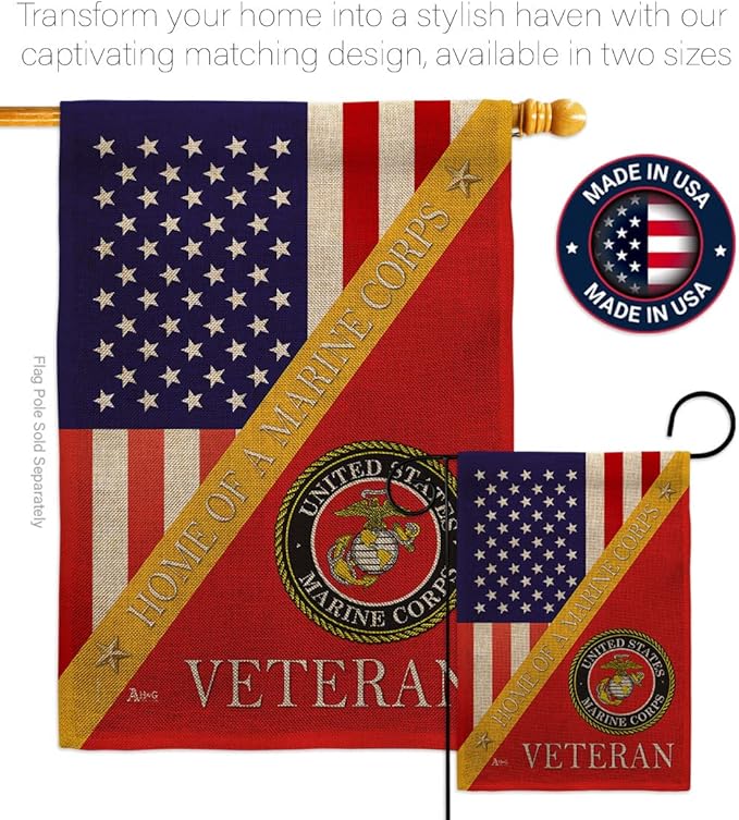 Home of Marine Corps Burlap Garden Flag - Set with Stand Armed Forces USMC Semper Fi United State American Military Veteran Retire Official House Banner Cemetery Yard Rememberance Veterans Day Gifts