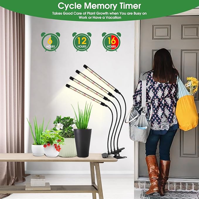 Wolezek Grow Lights for Indoor Plants, 80 LED 4 Heads Full Spectrum Grow Light with Clip, Plant Light with 5000K 3000K 660nm LED Chips, Auto Timer 6 12 16 Hrs, Grow Lamp for Seed Starting