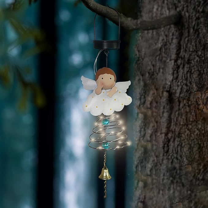 Solar Garden Decor for Outside, Solar Lanterns Outdoor Waterproof, Angel Lamp Hanging Light for Porch Decoration, Yard Art, Unique Wind Chimes Gift for Women Mom Grandma