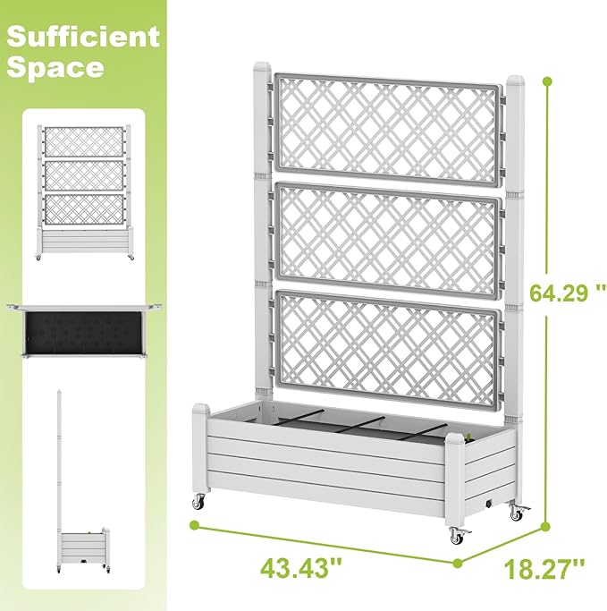 Elevated Raised Garden Bed with Trellis,Outdoor Large Resin Patio Planter Box Stand Divisible with Drain Plug,Water Monitor for Plants Vegetables Flowers Fruits (Ashen, 43.43 * 18.27 * 64.29)