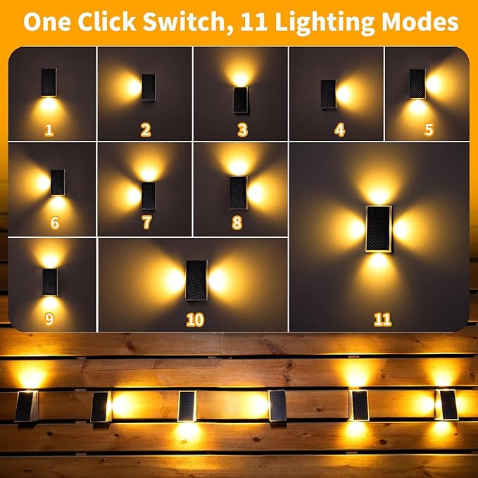 KINKAI Outdoor Solar Lights - 6 Pack Fence Lights Solar Deck Light Outdoor Wall Light with 11 Lighting Modes for Outside Garden Stairs Pool (Warm Light)