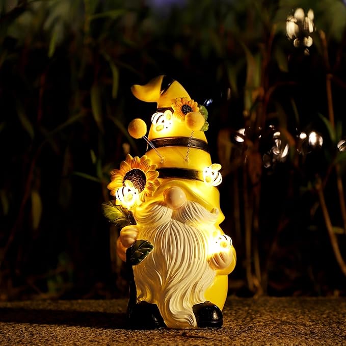 Garden Figurines Gnome Statue Decorations - Solar Resin Spring Bee Gnome Figurine Solar Garden Lights Outdoor Decorations Waterproof for Patio,Yard,Lawn,