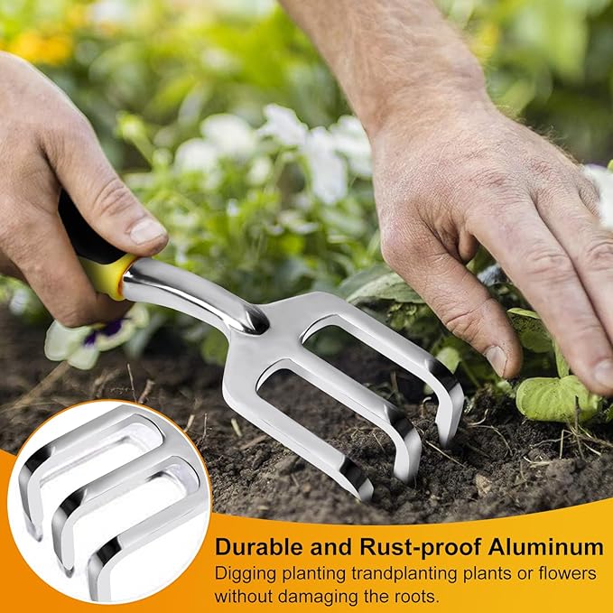 5 Pcs Gardening Tools Set with Heavy Duty Cast-Aluminium Heads and Non-Slip Rubber Grip, Including Transplanting Spade, Trowel, Cultivator, Pruner and Gardening Gloves, Great Gift for Woman