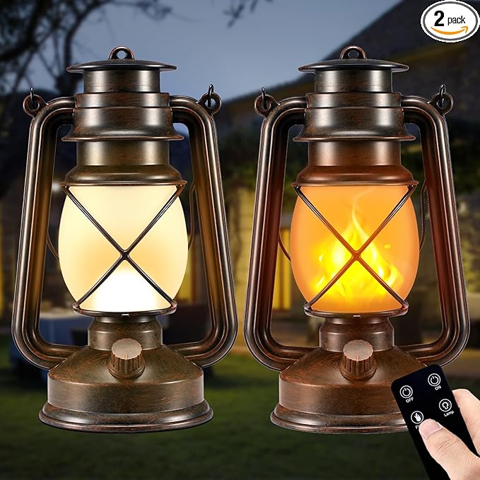 Battery-Powered LED Lanterns Decorative Outdoor & Indoor,2 Pack Bronze Vintage Lanterns with Dancing Flame,Retro Style Lantern Decor for Room Waterproof Remote Control Lanterns Decor for Garden,Porch