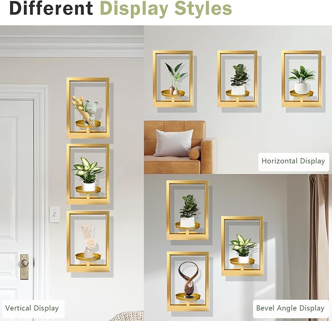 Picture Frame Plant Holder, Wall Mount Plants shelf Indoor Outdoor, Metal Hanging Planters Stand Decor, Window Planter Hanger Shelves, Modern Floating Ornament Rack Art for Home & Garden(Gold 3pc)