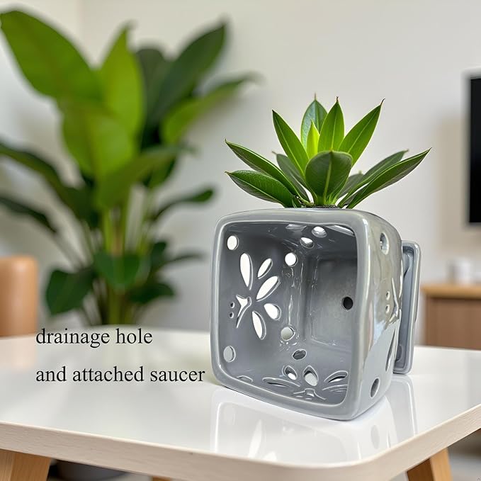 Orchid Pots with Holes Square Ceramic Orchid Planter Pots 5.5 inch (Gray)