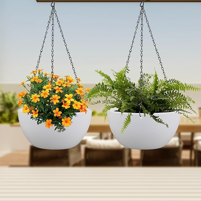 10 inch Hanging Planters for Indoor Outdoor Plants, 2 Pack Hanging Flower Pots with Drainage Holes and Chain for Garden Balcony Porch, Round Plastic Hanging Baskets for House Plants, White