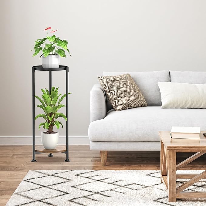 KMOTASUO 2 Tier Plant Stands Indoor, 30 Inch Tall Metal Corner Plant Stand, Modern Flower Shelf Pot Holder Planter Display Rack for Living Room Balcony Patio Garden(Black)