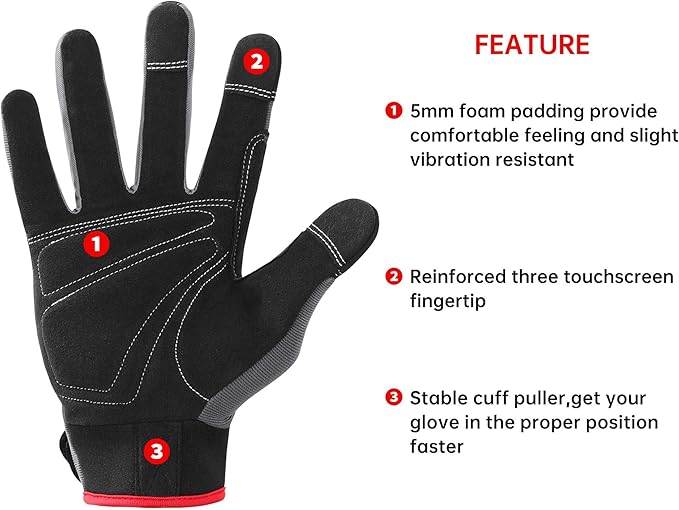 DULFINE Flex Grip Mechanic Work Gloves for Men,Black and Red Utility Safety Working Gloves Touch Screen,Excellent Grip,Ideal for Working on Cars and Outdoor Jobs(Medium)