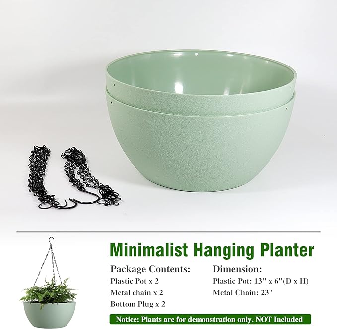 13 inch Large Hanging Planters Plant Pots for Outdoor Indoor Plants with Drainage Holes and Chain, 2 Pack Round Hanging Flower Pots for Garden Home Porch Decor, Green