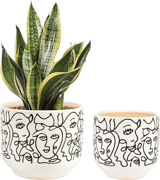 Docrin Plant Pots Indoor with Drainage : 6.6+5.4 Inch Ceramic Flower Pots for Plants - Set of 2 Modern Decorative Face Planters for House/Office/Gift - /Black and White