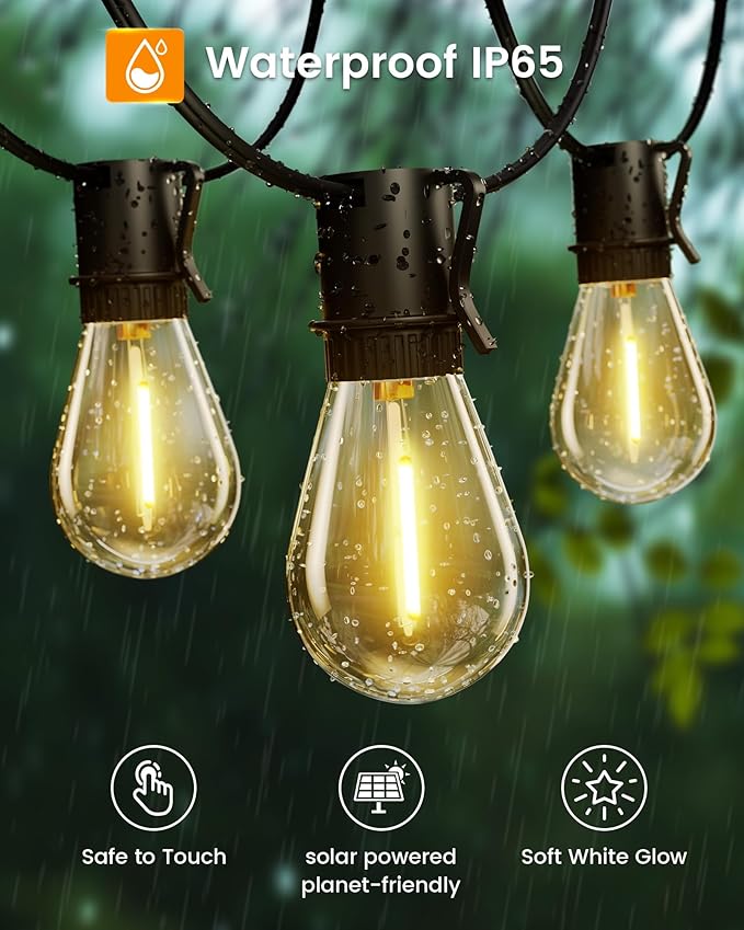 Torkase 50FT Solar Patio Lights Outdoor 15+1 Shatterproof LED Bulbs USB Rechargeable Waterproof Remote Control for Garden Porch Deck Camping