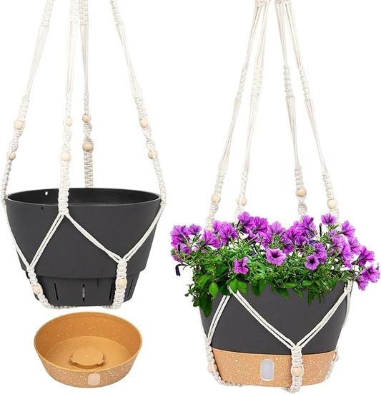 QCQHDU 2 Pack Hanging Planters for Indoor Plants, Outdoor Hanging Baskets, Self Watering Pots with Drainage Holes & Removable Tray (Dark Grey, 8 inch, Macrame Hanger)
