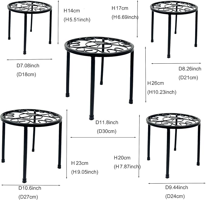 HAINARverS Metal Plant Stands 5-Pack, Heavy Duty Rustproof Iron Corner Flower Pot Stand Holder,Round Supports Display Rack Tiered Plant Stand Shelf For Indoor And Outdoor Multiple (Black)