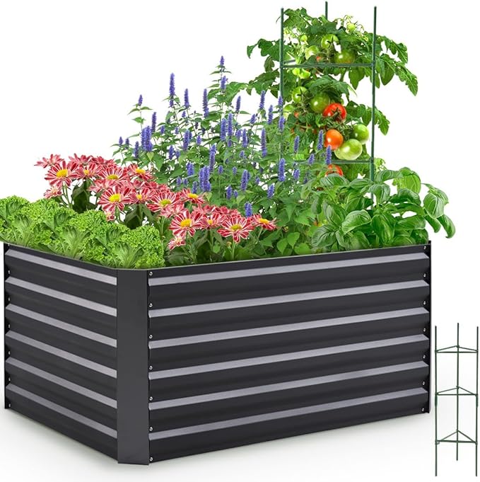 Quictent Galvanized Raised Garden Bed 4x3x2ft Tall Garden Bed Extra Height 22.4" Hold 24cft Soil Outdoor Heightened Planter Box for Deep Root Vegetables Herbs Tomato Cage Included, Dark Grey