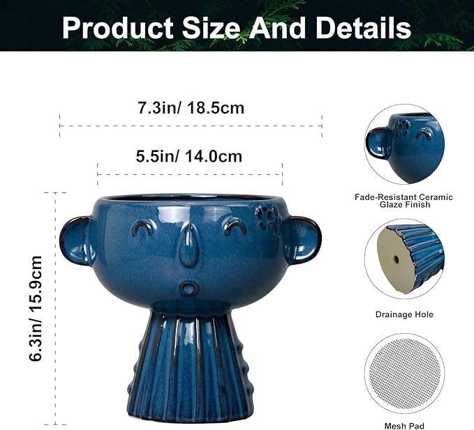 Head Planter Pot - 7 Inch Cute Face Planter for Indoor Outdoor Plants Ceramic Succulent Pot Round Flower Pot Present for Mother Christmas with Drainage Hole Blue