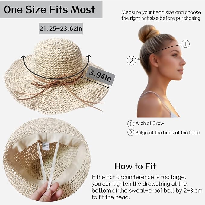 Womens Straw Beach Sun Hats, Foldable Packable Floppy Handmade Crochet Hats for Women,Large Summer Vacation Wide Brim Hat