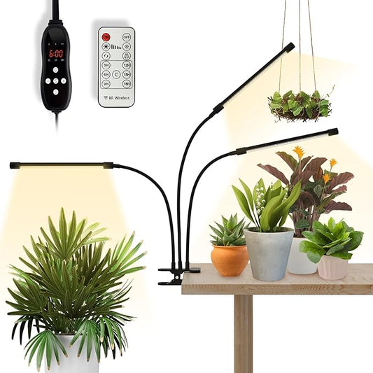 GLOWRIUM Plant Light, LED Grow Lights for Indoor Plants, Clip Plant Light with LCD Display Timer, Full Spectrum Suitable for Any Growth Stage of Plants, 10 Dimmable Levels, Remote Control (3 Strips)