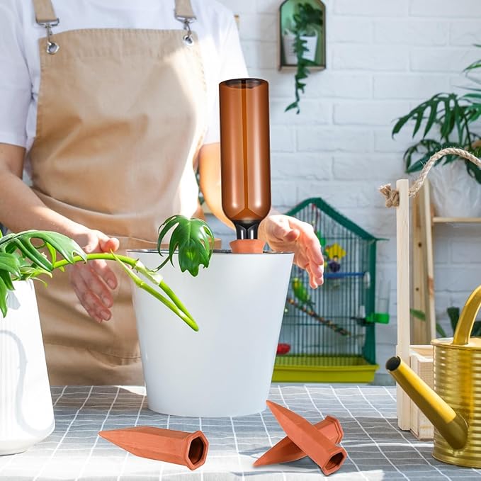 Baderke 8 Pcs 4 Set Plant Watering Devices, Terracotta Watering Spikes with 25 oz Plastic Wine Bottles, Slow Release Vacation Insert Automatic Plant Waterer Device for Indoor Outdoor