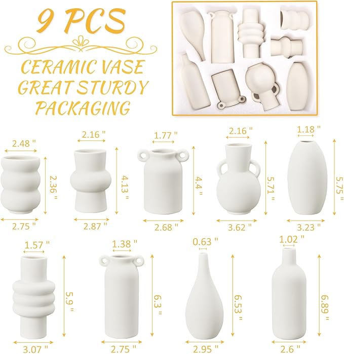 Ceramic Vase for Decor, White Boho Ceramic Vase in Bulk Small Boho Vases Set for Home Modern Minimalist Farmhouse Decoration White Bud Vases for Shelf Decor, Table, Bookshelf (Set of 9)