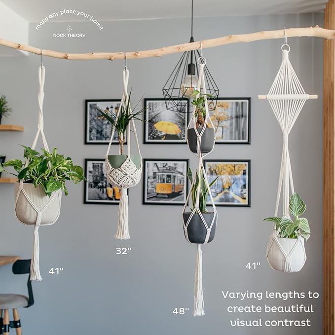Nook Theory 4-Pack Macrame Plant Hanger - with 8 Ceiling Hooks - Hanging Planter Indoor Outdoor - Hanging Plant Holder - Decorative Bohemian Plant Hangers - Hanging Plants (Black)