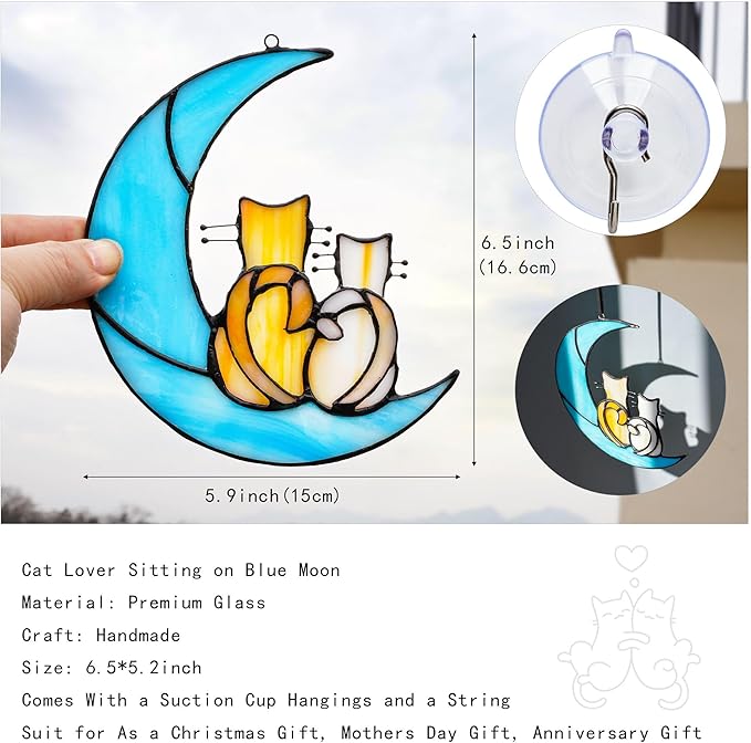 HDCRYSTALGIFTS Couple Cat Sitting on Moon Stained Glass Window Hanging, Modern Art Suncatcher for Window, Wall Decor,Cat Lover Gifts for Women/Girls