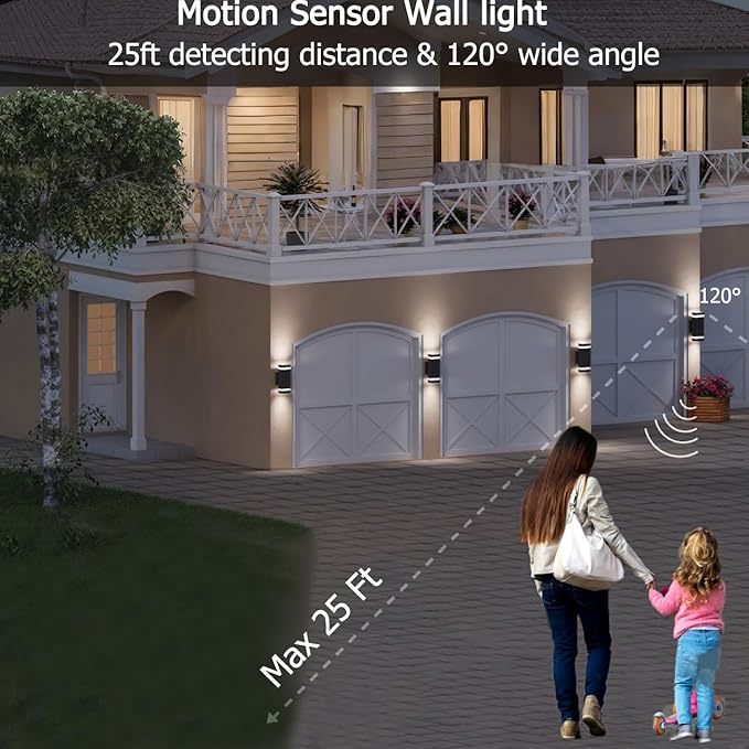 Motion Sensor Outdoor Wall Lights, Dusk to Dawn Exterior Light Fixtures with 3 Lighting Modes,Up and Down Porch Lights 5000K Daylight, Waterproof Modern Wall Sconce for House, Patio, Garage