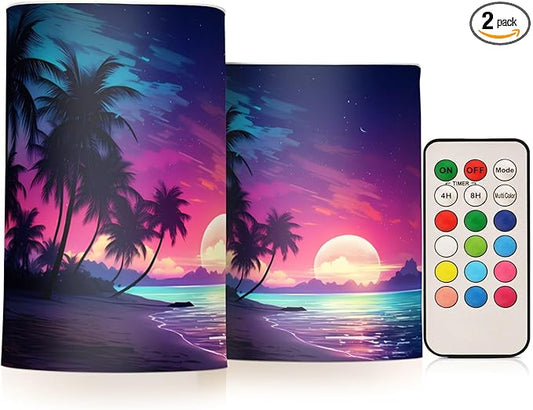 Flickering Flameless Candles, Palm Tree Beach Tropical LED Candles with Remote Timer, Set of 2 Battery Operated Candle for Valentine Wedding Birthday