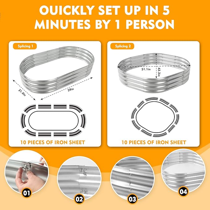 Durable-0.8MM Thick,Crimped Edge 5X2.7X1 FT Oval Galvanized Steel Raised Garden Bed/Galvanized Metal Planter Box for Planting in The Backyard/Garden(Silver, 60X32X12 Inches)