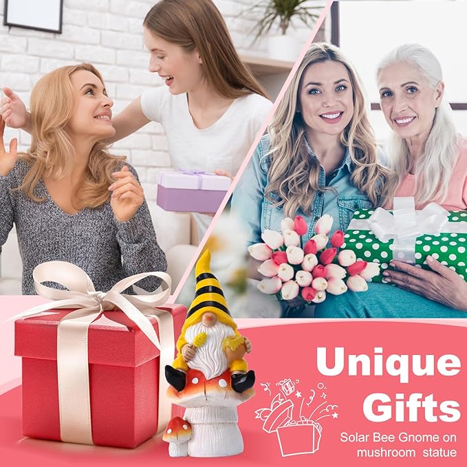 Solar Gnome Decor for Outside - Garden Beer Gnome Outdoor with Solar Lights, Sitting on Mushrooms - Perfect Housewarming or Women's Gifts (Yellow)