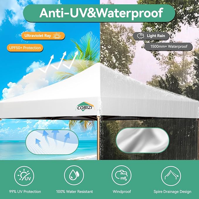 COBIZI 10x10 Pop Up Canopy Tent Heavy Duty with 4 Sidewall, Commercial Outdoor Easy Pop Up Gazebo for Party Wedding All Weather Waterproof UV 50+ with Carry Bag(Leg Upgraded),White