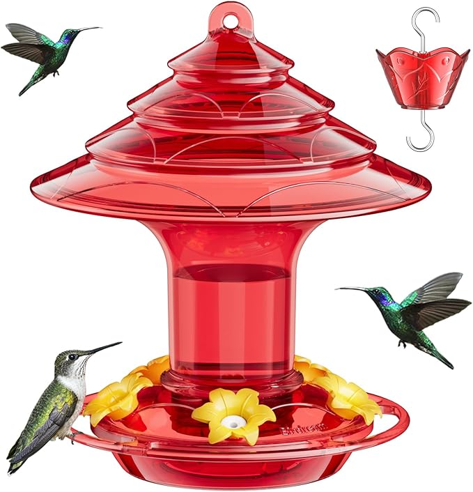 Birdream Hummingbird Feeder for Outdoors Hanging, 20oz Hummingbird Feeders with 5 Bee Guard Feeding Ports & Built-in Ant Moat Brush Leak-Proof for Outside Gifts for Women - Solid Red