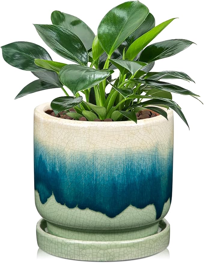 Oairse Ceramic Pot for Plants 5.5 inch Pots for Plants Small Planter Pot with Drainage Hole and Saucers Gradient Dark Teal Outdoor Inoor Flower Pots for Succulent, Cactus, Snake Plant, Herb