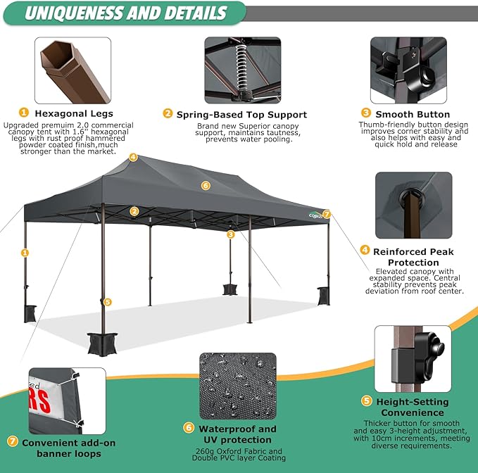 COBIZI 10x20 Pop Up Canopy Tent Heavy Duty with 6 Removable Sidewalls, Commercial Heavy Duty Pop Up Tent for Parties All Weather Waterproof and UV 50+ Wedding Tent with Roller Bag(Legs Upgraded)