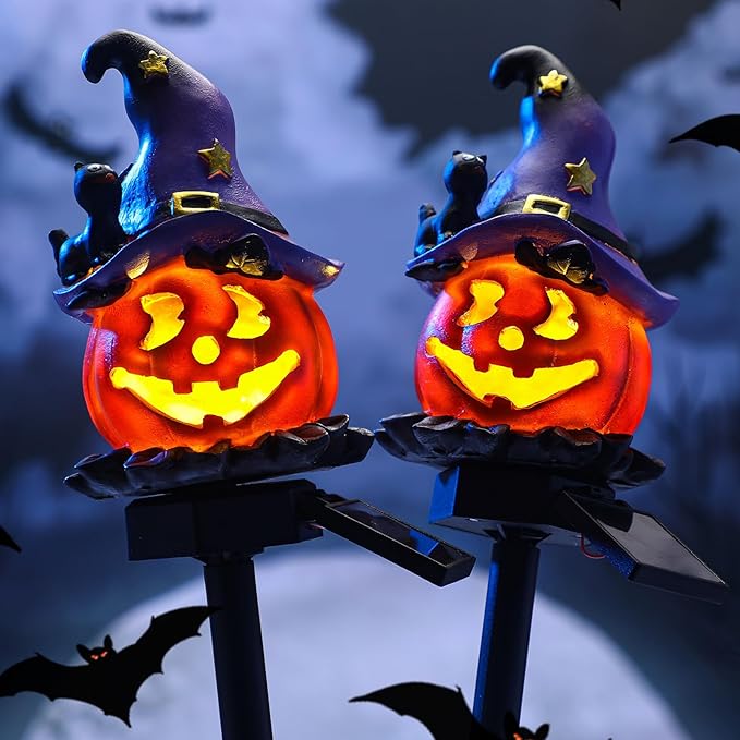 Retisee 2 Pcs Halloween Pumpkin Pathway Solar Lights Orange Jack O Lantern Stake Lights for Outdoor Halloween Decorations Yard Display LED Front Porch Decor(Witch Hat Pumpkin)