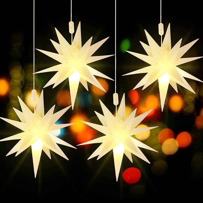 Kingdder 4 Pieces Moravian Star Light LED 3D Star Hanging Light Powered by Battery with Timer Function White Porch Lantern Holiday Decor for Indoor Outdoor Christmas Tree Balcony Courtyard (12 Inch)