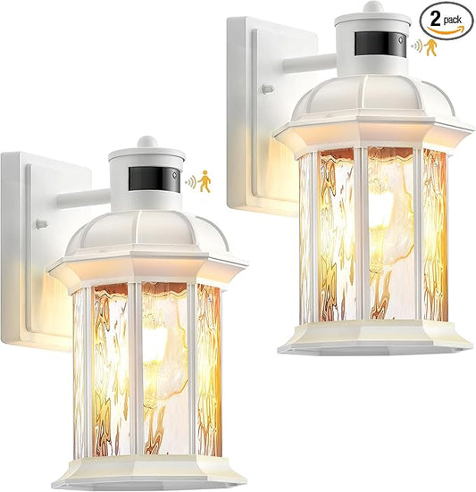 VIANIS 2-Pack Motion Sensor Outdoor Lights for House, White Garage Light Wall Mount Lantern, Modern Exterior LED Wall Lights Fixtures with Ripple Tempered Glass, Outside Wall Sconce Lamp for Porch