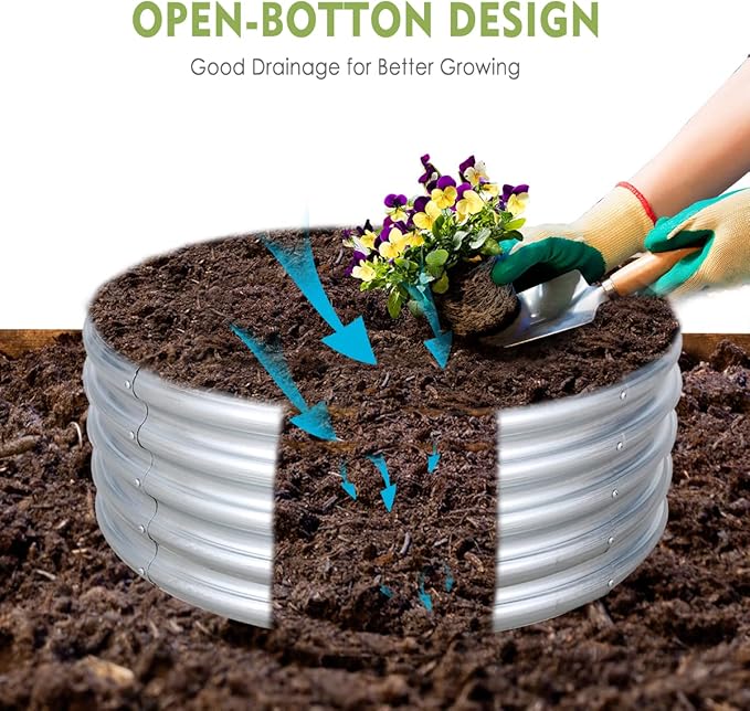 FORTUNO High Round Galvanized Raised Garden Bed Kit Box Dia 3 x H 1.5Ft (2 Pack) Metal Outdoor Flower Bed Steel Patio Ground Planter for Planting Vegetables and Herb, Silver