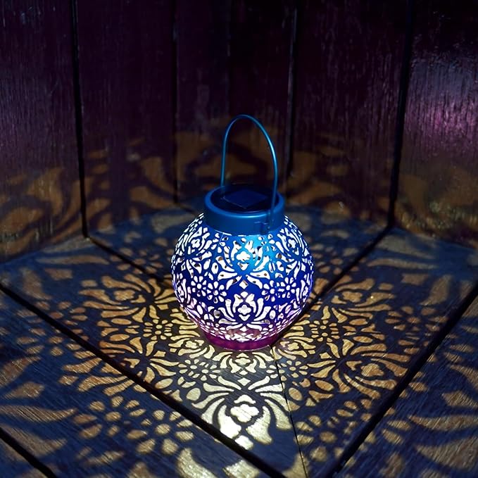 2 Pack Outdoor Solar Hanging Lantern Lights Metal LED Decorative Lamp for Garden Patio Courtyard Lawn and Table with Hollowed-Out Design (Royal Purple)