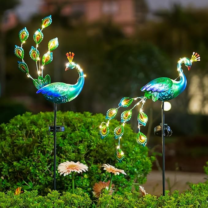 VEWOGARDEN 2 Pack Solar Stake Lights Outdoor Waterproof Metal Peacock Solar Lights for Yard Garden Patio Pathway Walkway, Blue