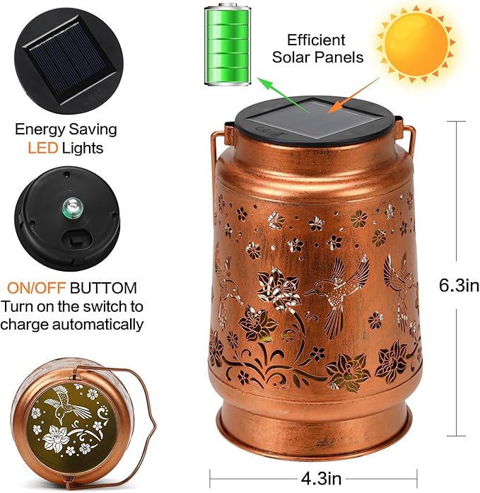 2 Pack Solar Lanterns Outdoor Waterproof Hummingbird Garden Decor Birthday Gifts for Women Mom Grandma Hanging Solar Lights Metal Solar Decoration Outside for Yard, Patio, Backyard, Porch