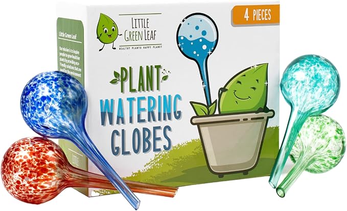 LGL Plant Watering Globes - Automatic Self Watering Globes. Decorative Self Watering Planter Inserts Made From Hand-Blown Durable Glass. Self Watering Spikes to Support Plant Health. 4 Pack, Small.