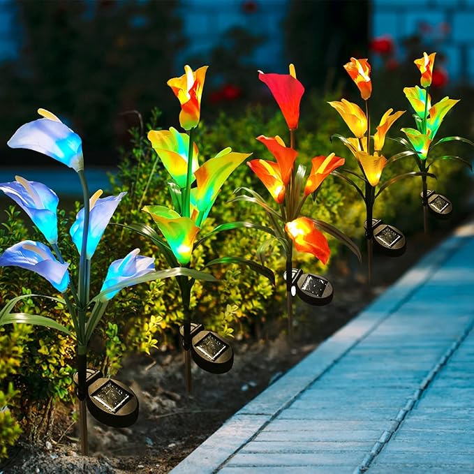 Veesee Solar Calla Lily Light, 2-Pack Solar Powered Flower Lights, Outdoor Multi-Color Changing Stake Lamp, Christmas Gift LED Yellow Calla Lily Lights for Garden Outdoor Landscape Lawn Yard