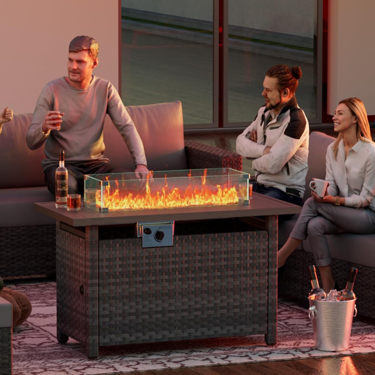 44" Fire Pit Table with Wind Guard for Outdoor, Auto-Ignition Propane Gas Firepits Rattan Rectangular Table for Outside Patio 60,000 BTU, Gray